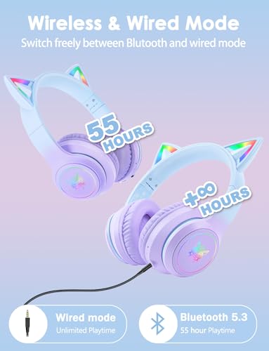 Image of Cat Ear Bluetooth Headphones for Kids & Adults, 55H Play Time, Wireless Foldable & Wired Multi-Function LED Light Up Over Ear Headphones with Mic and Volume Control for iPhone /iPad /Laptop /PC