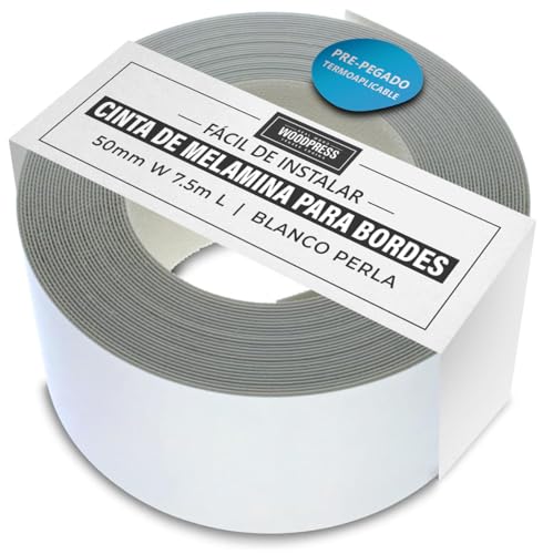 WoodPress® 50 mm blanco mate de melamina para bordes, cinta de chapa prepegada - Rollo de 7,5 m - Termoadhesivo para una fácil aplicación de bricolaje