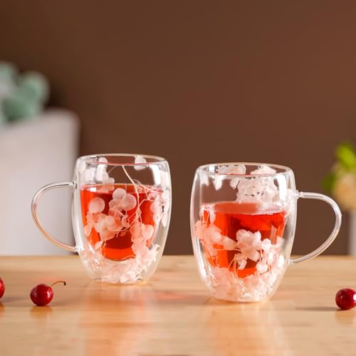 Image of Nestasia Double Wall Glass Mug with Dried Flowers Set of 2 (350ml Each) - Transparent Borosilicate Floral Glass Tea Cups | Lightweight & Durable Coffee Mugs - Perfect for Gifting (Peach)