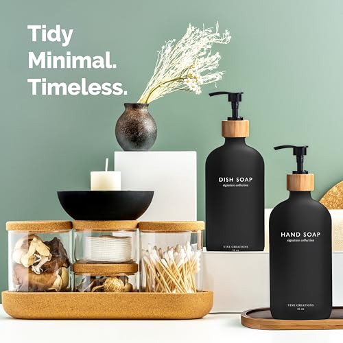 Vine Creations Black Glass Soap Dispenser Set, Hand Soap and Dish Soap Dispenser Set with Bamboo Tray, 16 oz Glass Dispensers Bottle for Kitchen and Bathroom Decor Modern Boho with Bamboo Pump (Black) by Vine Creations - Used condition - Image 4