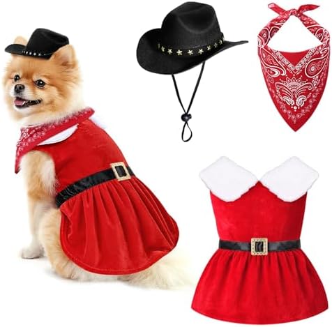 SANSTHS Dog Cat Christmas Cowboy Costumes, Red Cat Dog Christmas Dress with Mini Dogs Cowboy Hat & Red Bandana for Pet, Small