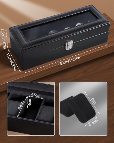 Image of Uten Watch Box, 6 Slots Watch Case, Watch Organizer Jewelry Storage with Large Glass Lid, Black Lining, Watch Display Box for Men & Women Gift