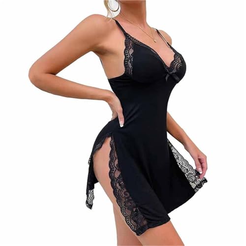 Camisón con aberturas y ribetes de encaje, camisones sexys sin mangas for mujer, vestido de dormir camisola con decoración de lazo con abertura lateral y ribetes de encaje, vestido camisero de talla g