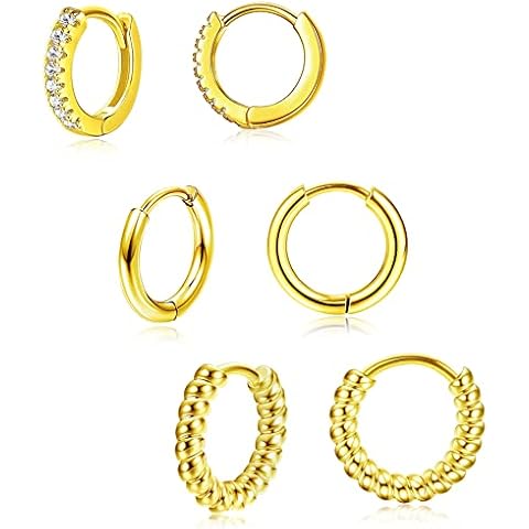 KALVICA 3 Pairs Gold Hoop Earrings for Women Huggie Hoop Earring with Zirconia Small Cartilage Sleepers Hypoallergenic Earrings Set for Women Girls 9/10/11MM Cover