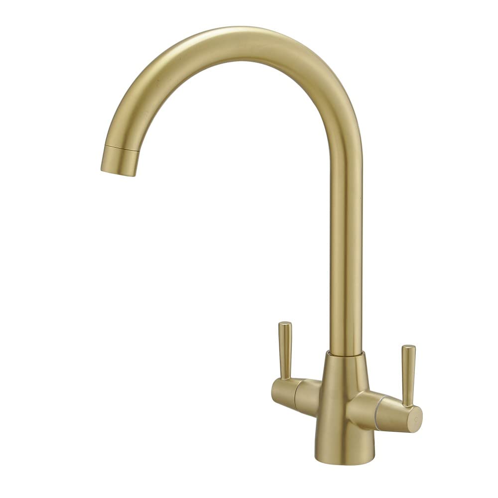 HCFYAUIS Kitchen Mixer Tap Dual Lever Swivel Spout Brushed Gold Sink Taps with UK Standard Fittings