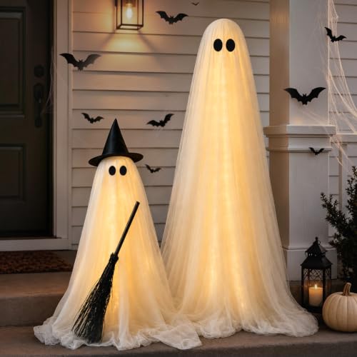 Halloween Decorations Outdoor, 2 Packs Light-Up Spooky Ghost Witch Broom - image 1