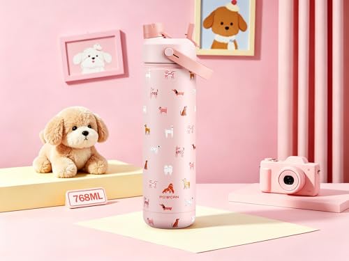 Image of POWCAN 26 oz Insulated Water Bottle with 2-in-1 Straw and Spout Lid, Keep Cold 24H, Leak-Proof, Fits in Car Cup Holder, Stainless Steel Water Bottle for Gift, Home, Trip, Daily Outings (Furry Friends)