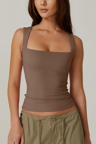 Image of QINSEN Women's Square Neck Sleeveless Double-Layer Tank Tops Basic Tight T Shirts