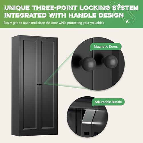 Image of INTERGREAT Metal Storage Cabinet with Magnetic Doors, 63 inch H Traditional European Style Metal Cabinets with 2 Doors and 4 Adjustable Shelves for Home Office, Kitchen, Bathroom (Black)