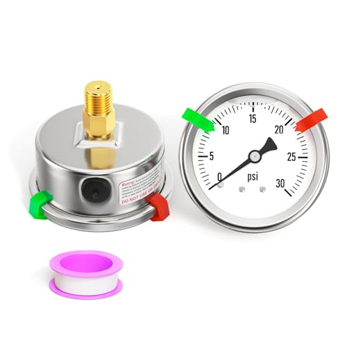 Image of 0-30PSI Stainless Steel Liquid Filled Pressure Gauge, 2.5 inch Single Scale Face Dial, 1 /4 inch NPT Back Mount, for Tube, Water Pump, Gas, Liquid, Pressure Test (with Range Mark Pointer)