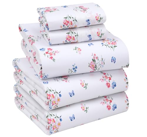 RUVANTI 100% Cotton Split King Sheets Sets for Adjustable Bed, 5 PCs, Soft & Breathable Percale Weave Bedding, Deep Pocket 16", Hotel Standard, Crisp Cool Feel & Durable, Floral Sheet, Funa Flora