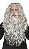 HandinHandCreations Wizard Wig Costume with Beard Included - One Size Fits All - Grey Color with Curly Moses Biblical Gandalf Look
