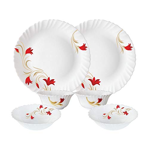 Larah by Borosil Red Lily Opalware Dinner Set, 6 -Piece, White