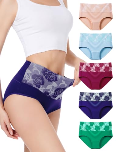 HAVVIS Unterhosen Damen Stretch Baumwolle Hohe Taille Slips Weich Atmungsaktiv Bequeme Unterwäsche Mehrpack (XL A05-5er Pack - Mehrfarbig 01)