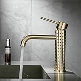Bathroom Faucet Gold Bathroom Sink Faucet, One Hole Carved Vanity Basin Sink Faucet with Pop Up Drain and Water Supply Hoses, Brass
