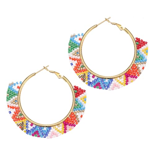 Boho Beaded Hoop Earrings, Handmade Colorful Beads Gold Hoop Earrings for Women Big Circle Bead Huggie Earrings