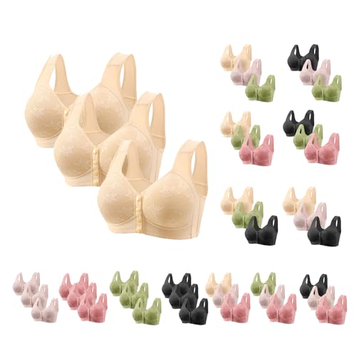3 Pack Daisy Bras for Older Women No Underwire Front Closure Push up Bra Soft Floral Print Everyday Sleep Bralettes