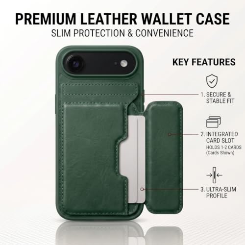 Image of amazon basics Luxury Vegan Leather Back Cover for iPhone 17 Air | Built-in Card Holder Slot | Integrated Mobile Stand | Slim Shockproof Protective Case with Stitched Finish - Green