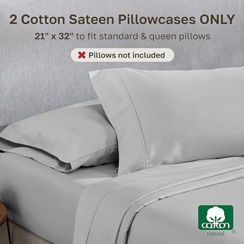 Image of California Design Den Standard Queen Size Pillowcase Set - 400 Thread Count, 100% Cotton Sateen, Set of 2 Pillow Covers, Soft and Breathable - Light Grey