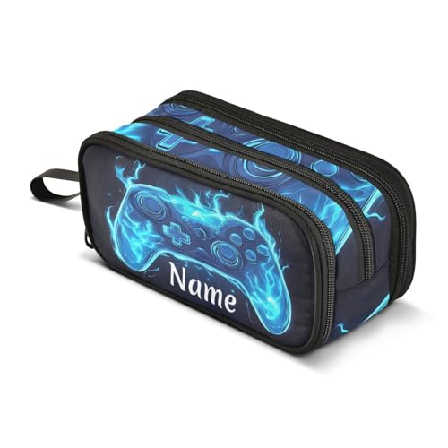 Image of Custom Joystick Gamepad Blue Flame Pencil Case Box Boys Girls Personalized Name Large Pencil Pouch Stationery Pen Bag Organizer for Kids Adults School Office