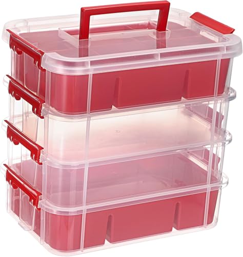 Image of plastic boxes for Storage transparent boxes for storage, Portable & Stackable Space Saving Organiser with Lid for Medicine, Jewelry, Arts & Crafts, Buttons, Beads (Red, 4 TIER WITH 2 TRAY)