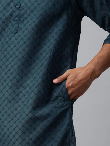 Image of Majestic Man Men's Cotton Blend Regular Fit Casual Polyester Mandarin Collar Ethnic Motifs Embroidered Long Regular Kurta