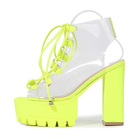 azmodo Women Booties Transparent Peep Toe Clear Lace Up Chunky Lug Sole Platform High Heels Summer Party Sandals Boots Shoes (Green, 7.5) Cover