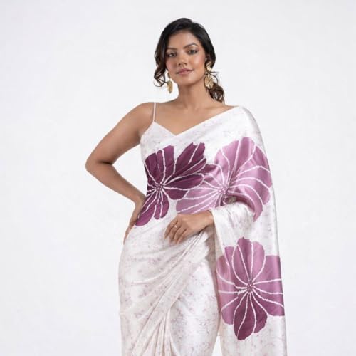 Image of Japan Satin Floral Print Saree for Women with Blouse Piece - Satin Finish Draped Saree