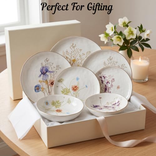 Sango 12-Piece Luxury Porcelain Dinnerware Set for 4- Glossy White Plates and Bowls Sets with Wildflower Patterns and Gold Rims, Ceramic Dish Set, Elegant Dishes for Everyday Dining, Gansevoort by SANGO - Used condition - Image 3