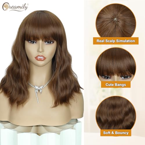 Image of Creamily Short Bob Wavy Hair Wig for Woman Full Head Natural 14 Inches Loose Curly Chestnut Brown Shoulder Length Synthetic Wigs with Bangs