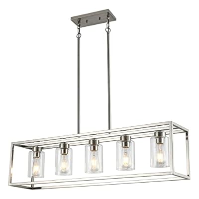 XILICON Dining Room Lighting Fixture Hanging Farmhouse Brushed Nickel 5 Light Modern Pendant Lighting Contemporary Chandeliers with Glass Shade for Living Dining Room Bedroom Kitchen Island