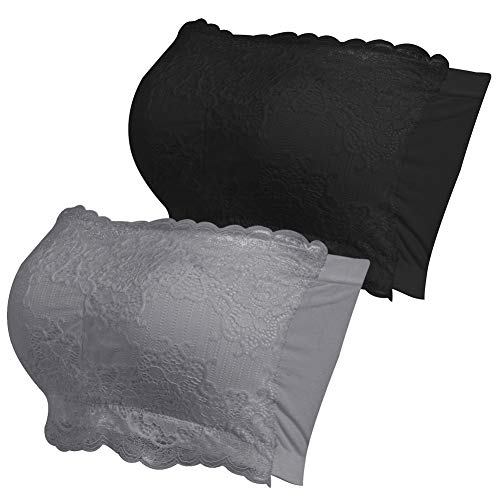 YIDUODE Women's Padded Bandeau Bra, Plus Size Lace Bandeau Bra Women's Sports Bra Comfortable Tank Tube Top Wirefree Bandeau for Women Girls Halter Backless Bra Black Lace&Grey Lace Bra Medium