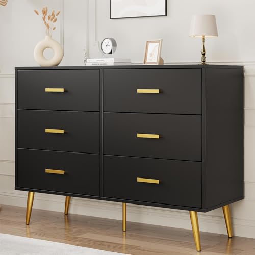 GarveeHome 6 Drawer Dresser, Modern Wooden Dresser with Gold Handles and Storage Space, Chest of Drawers for Bedroom, Hallway, Living Room and Entryway, Black