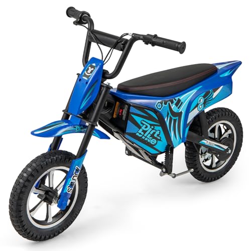 COSTWAY Kids Electric Motorcycle, 24V Battery Powered Dirt Bike with 12 Inch Pneumatic Tires, Brake Lever, Kickstand, 22 km/h Ride on Motorbike for Boys Girls