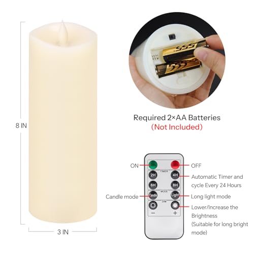 Image of 1PCS, 3 x 8 inches Flameless Candle with Remote Control, 3D Flickering Wick, Real Wax, Battery Candles,with Timer,Battery Powered Candles,for Holiday Home Decor,Ivory