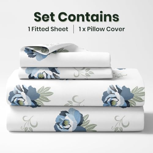 Image of LORETO - A QUALITY LINEN BRAND 210 TC 100% Pure Cotton Single Fitted Bedsheet with 1 Pillow Cover for 78 x 36 Inch Mattress, All-Around Elastic, 8 Inch Deep Pocket, Navy Floral