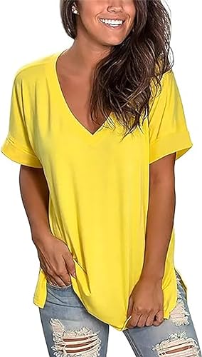 Image of Sampeel Women's V Neck T Shirts Casual Rolled Short Sleeve Side Split Summer Tops Loose Fit