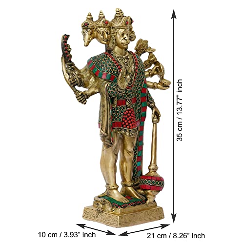Image of eCraftIndia Golden And Colorful Stone Work Brass Handcrafted Standing Lord Panchmukhi Hanuman Idol, Auspicious Religious God Statue For Home Office, Temple, Gift For Hanuman Jayanti Festival, Devotees
