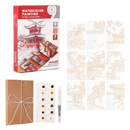 Pequeño juego de viaje de acuarela con cuaderno bloc para pintar paisajes exteriores