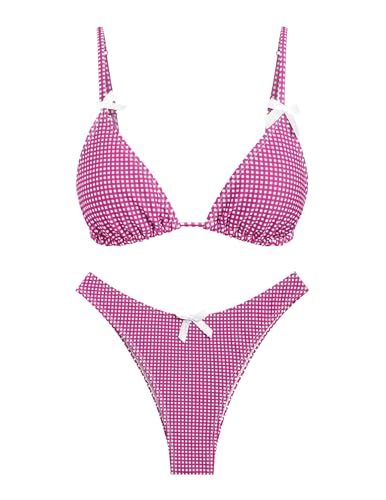 seamoly Women's Bikini Sets Tie Back Bowknot Two Piece Swimsuits Triangle Thong Bathing Suit Gingham Floral Cherry Printing