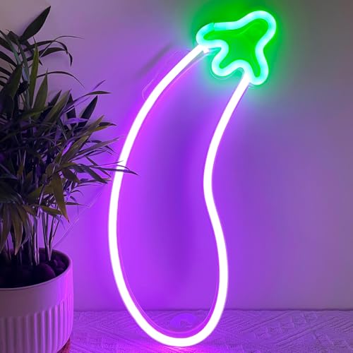 Image of HOHOSIGN Eggplant Neon Sign LED Eggplant Light Neon Signs for Wall Decor Neon Light, Funny USB /Battery Powered LED Sign Night Light for Bedroom Dorm Classroom Game Gaming Gamer Room