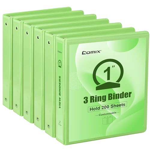 COMIX Standard 3 Ring Binder 1 inch with Clear View Cover 1 Round Ring View Binder Holds 200 Sheets of US Letter Size Paper 6 Pack (Light Green)