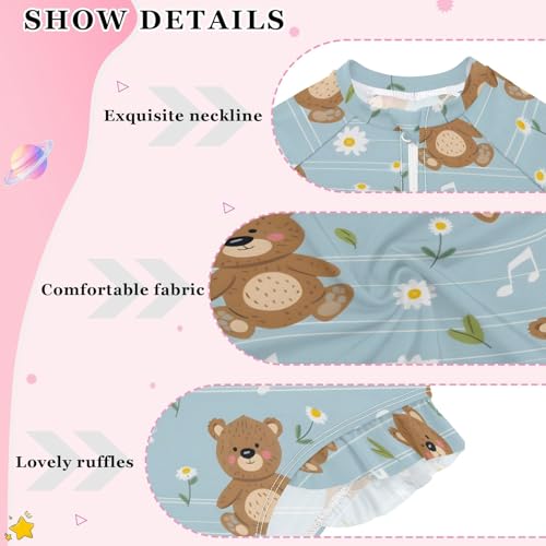 Cute Bears Daisy Music Notes Girls Long Sleeve Swimsuit Rash Guard One Piece Bathing Suits Zipper 3-12T4