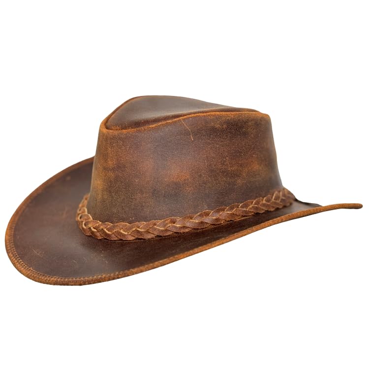 Lesa Collection Vintage Gunner Leather Cowboy Hat with Braided Band (US, Alpha, Large, Reddish Brown)