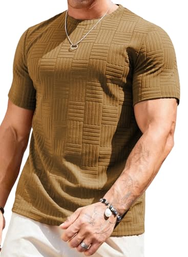 Image of JMIERR Mens T-Shirt Casual Stretch Solid Crewneck Short Sleeve Tees Textured Shirts