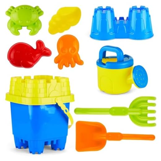 Prextex 10 Piece Beach Toys Sand Toys Set, Bucket with Sifter, Shovel, Rake, Watering Can, Animal and Castle Sand Molds