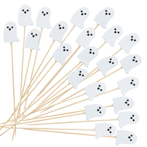 100Pcs Halloween Cocktail Picks Ghost Bamboo Toothpicks Cocktail Sticks for Appetizers Fruit Food Drink Cake Halloween Party Decoration