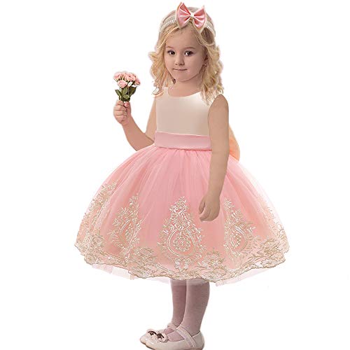 3M-6T Toddler Girls Lace Bowknot Dresses Baby Embroidery Gown Dress with Headwear4