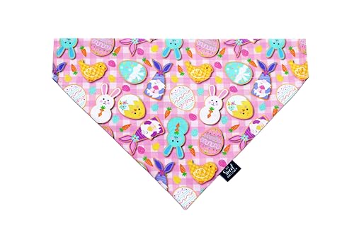 Easter Over the Collar Dog Bandana, Handmade Colorful Spring Holiday Bandana that Attaches to the Collar, Double Layer Durable Cotton Bandana for Small, Medium, Large Dogs, Suitable for Boy and Girl Dogs, Made in the USA (X-Small, Cookies on Pink Plaid)
