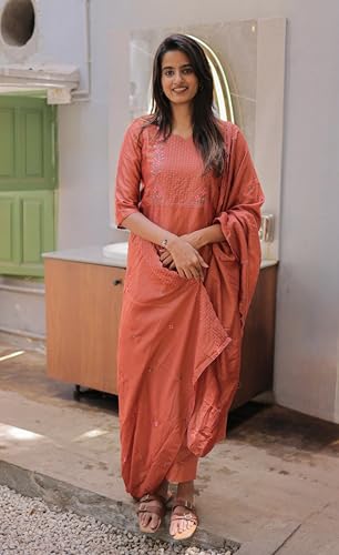 Image of Women Cotton Kurta Pant Set with Chanderi Cotton Dupatta | 3-Piece Straight Fit 3 /4 Sleeves Kurta with V-Neck | Ethnic, Festive & Casual Wear for Women| 3 Piece Set